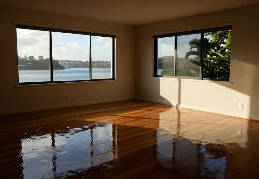 Flood damage in a Sadleir living room before restoration